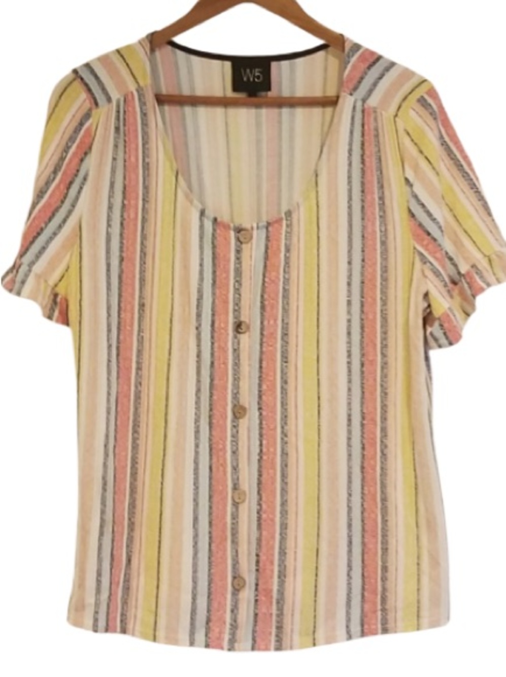 W5 Multicolor Stripe Short-Sleeve Button Front Top. Size L. Flutter sleeve